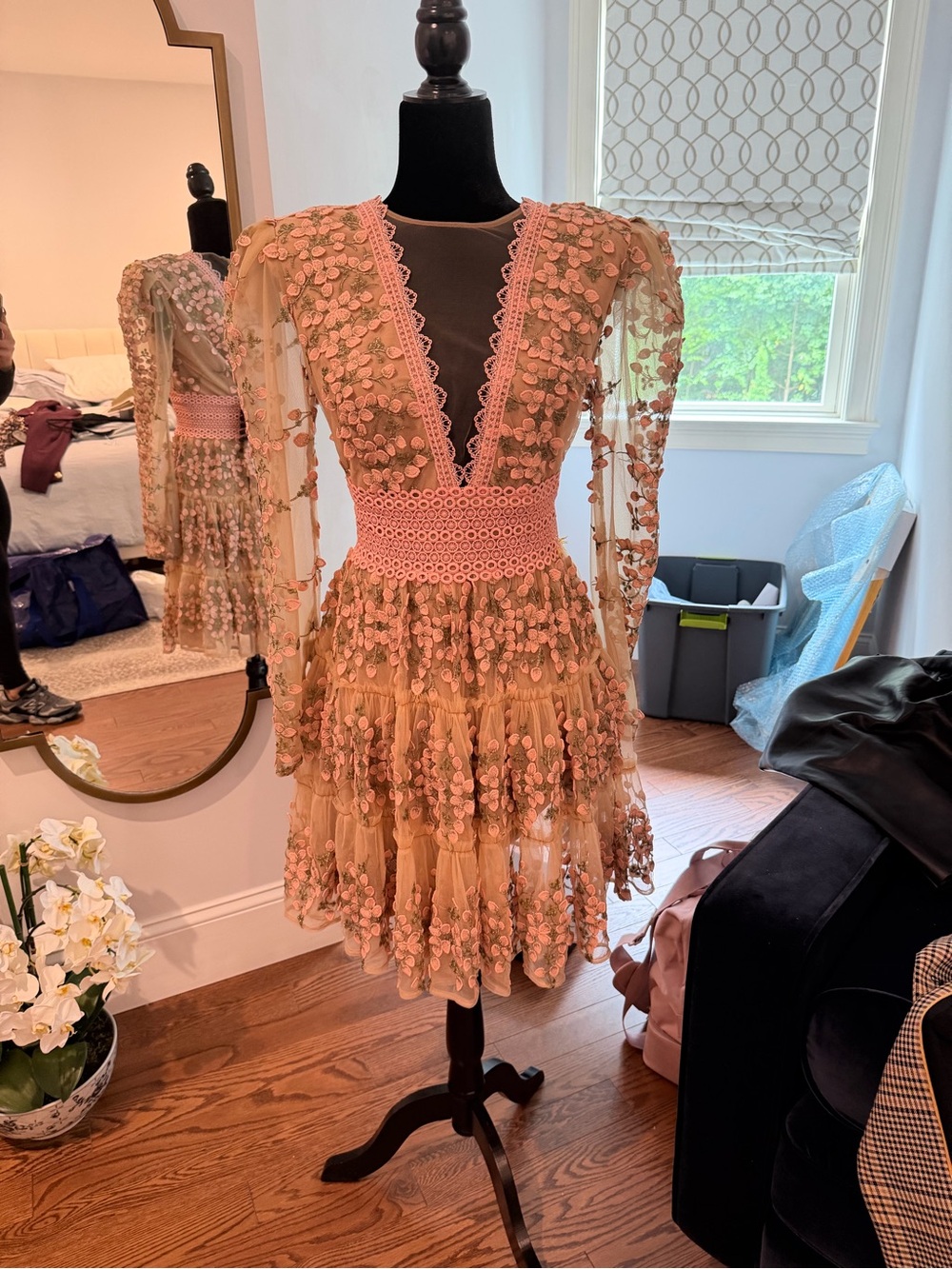 Bronx and Banco Blush Pink Embellished V-Neck Mini Dress